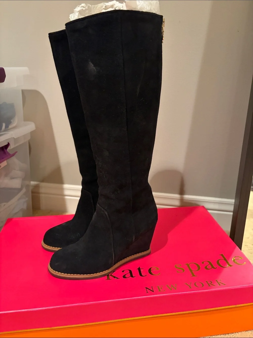 kate spade Black Suede Knee-High Wedge Boots